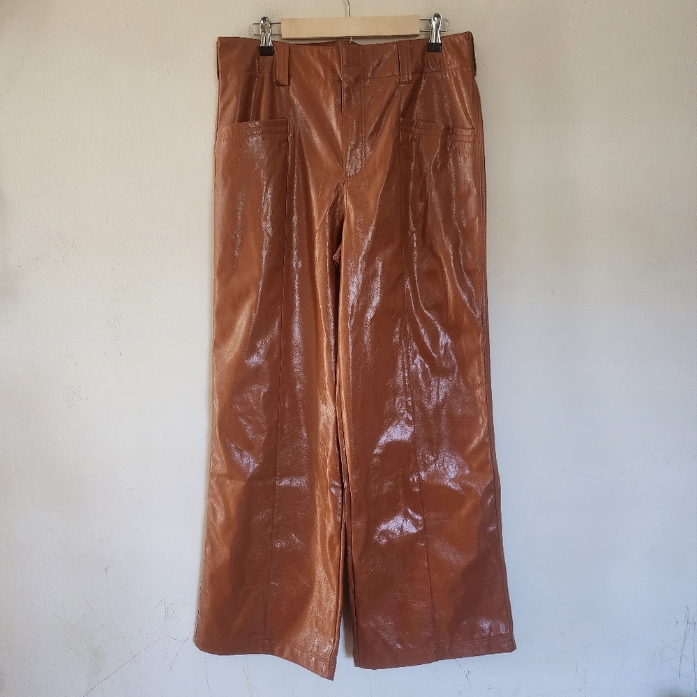 FP Star Crossed Lovers Faux Patent Leather Straight Leg Pants in Cognac size 10